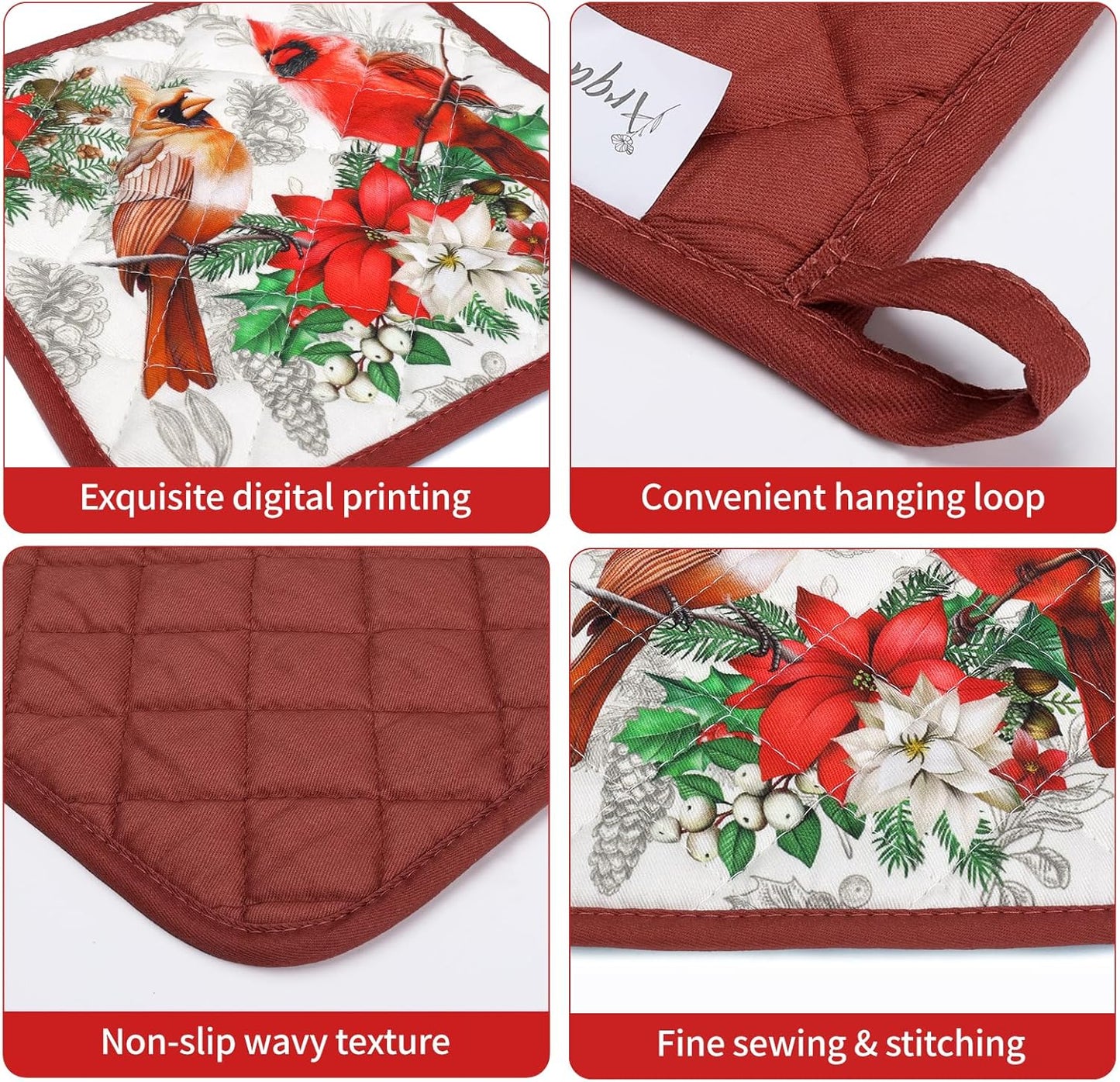 Christmas Cardinal Oven Mitts and Pot Holders Sets 4Pcs, 100% Cotton Heat Resistant, Extra Long Oven Gloves Potholder for Kitchen Cooking Baking Decoration