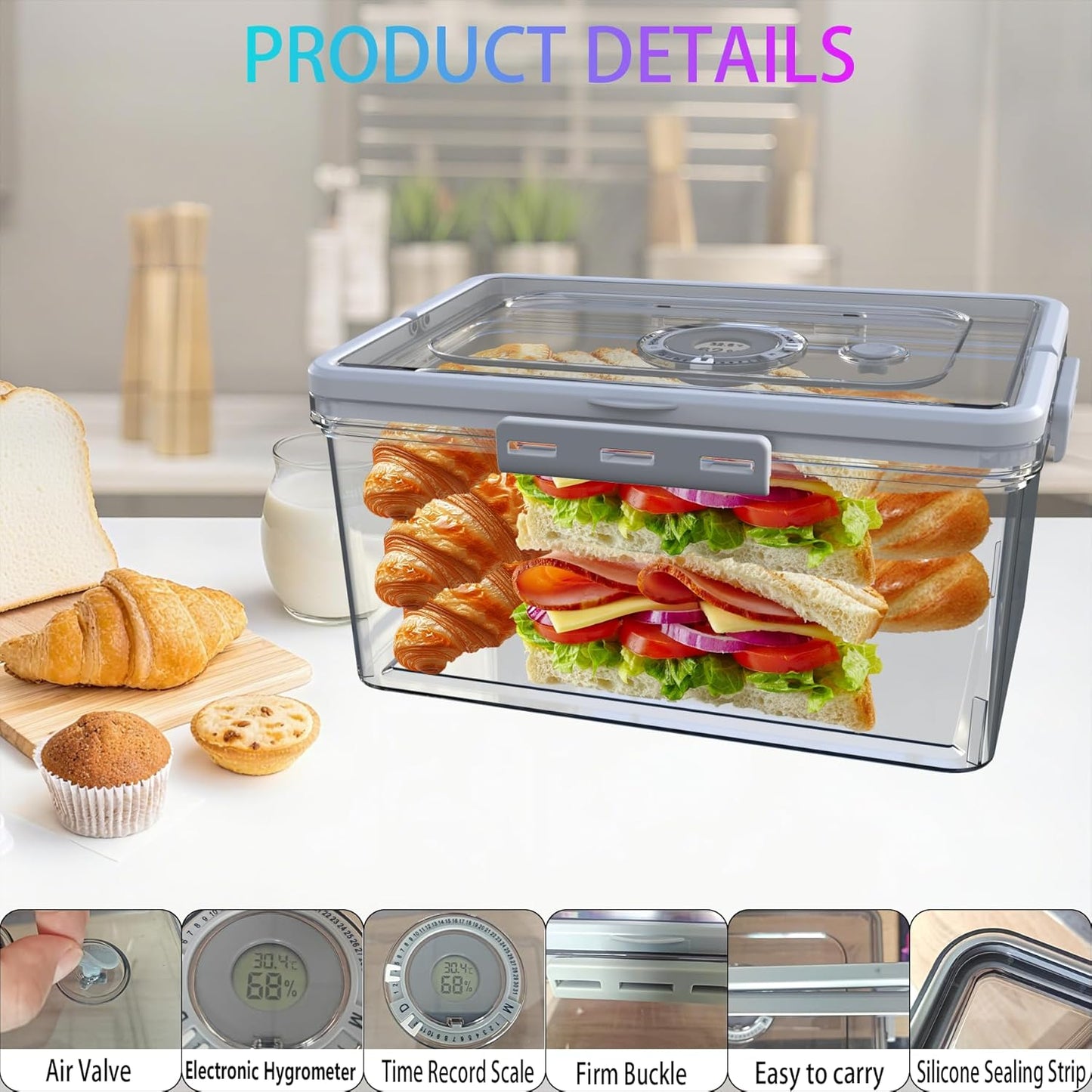 Bread Box With Digital Hygrometer, Portable Bread Boxes with Lid and Handle,New Upgrade Time Recording Bread Storage Container for Homemade Breads,Toast, Bagel, Donut and Cookies(Grey)