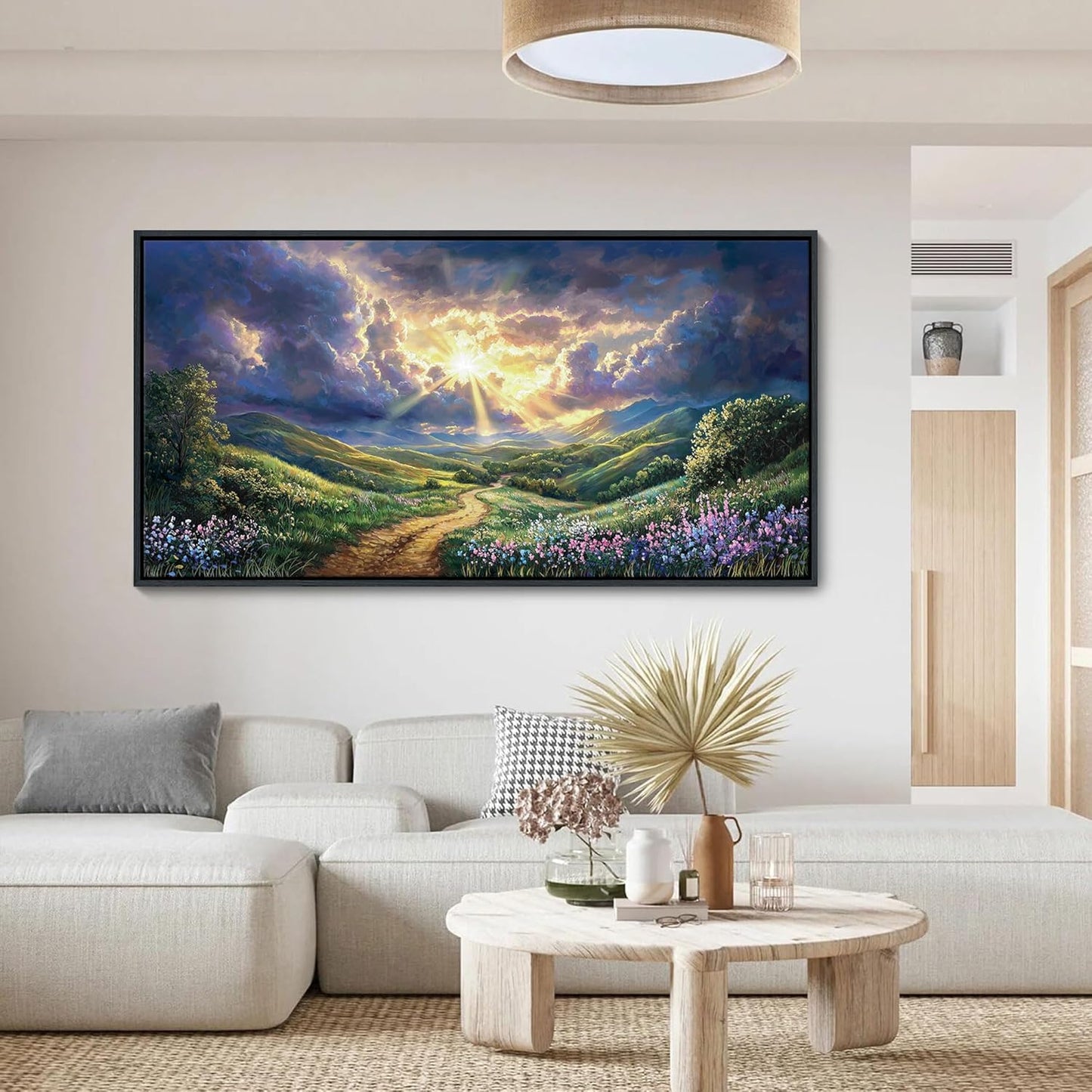 HKDGOKA Large Landscape Wall Art, Green Mountains Purple Clouds Flower Scenery Canvas Pictures Paintings Framed Artwork for Living Room Bedroom Office Kitchen Home Wall Decor 29x58 IN