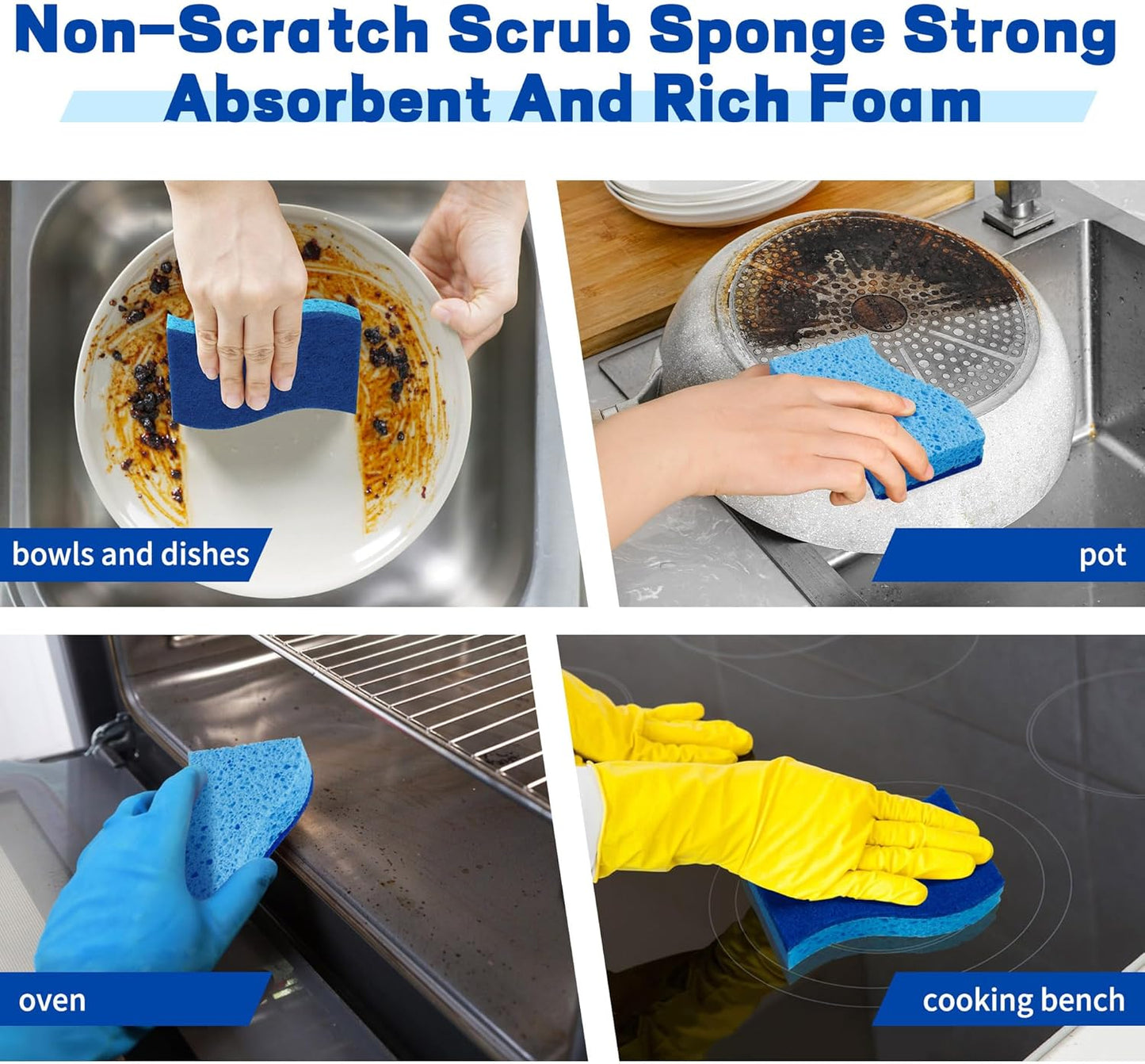 Non Scratch Scrub Sponges, 24 Count Kitchen Sponges Pack Safe on Non-Stick Cookware, Dual Sided Cleaning Sponges for Dishes, Blue