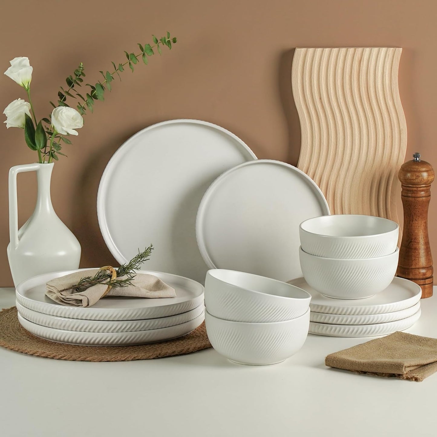 Earthsong Dinnerware Sets for 4, 12-Piece Ceramic Plates and Bowls Set, Dishwasher and Microwave Safe Stoneware Dishes Set, Ribbed, Snowcrest White