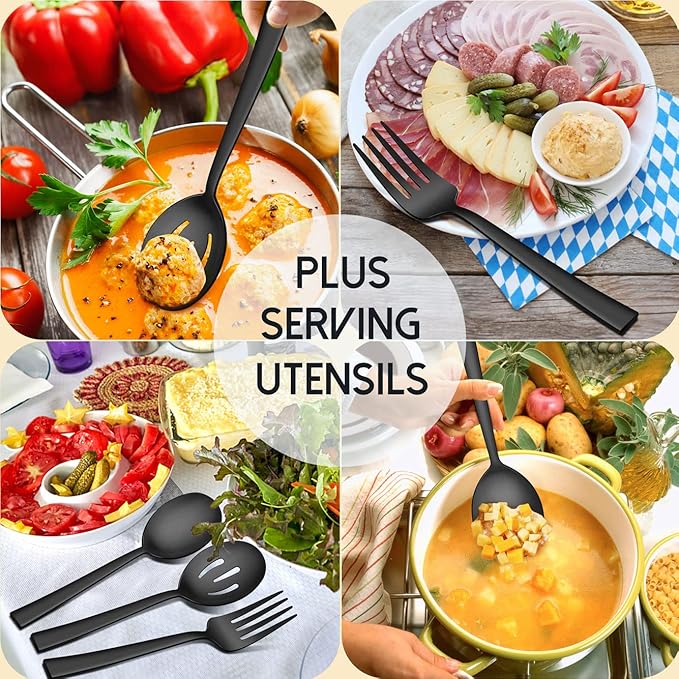 Herogo 46-Piece Matte Black Silverware Set with Serving Utensils, Stainless Steel Square Flatware, Modern Tableware Cutlery Set with Serving Pieces for Catering Banquet, Dishwasher Safe, Satin Finish