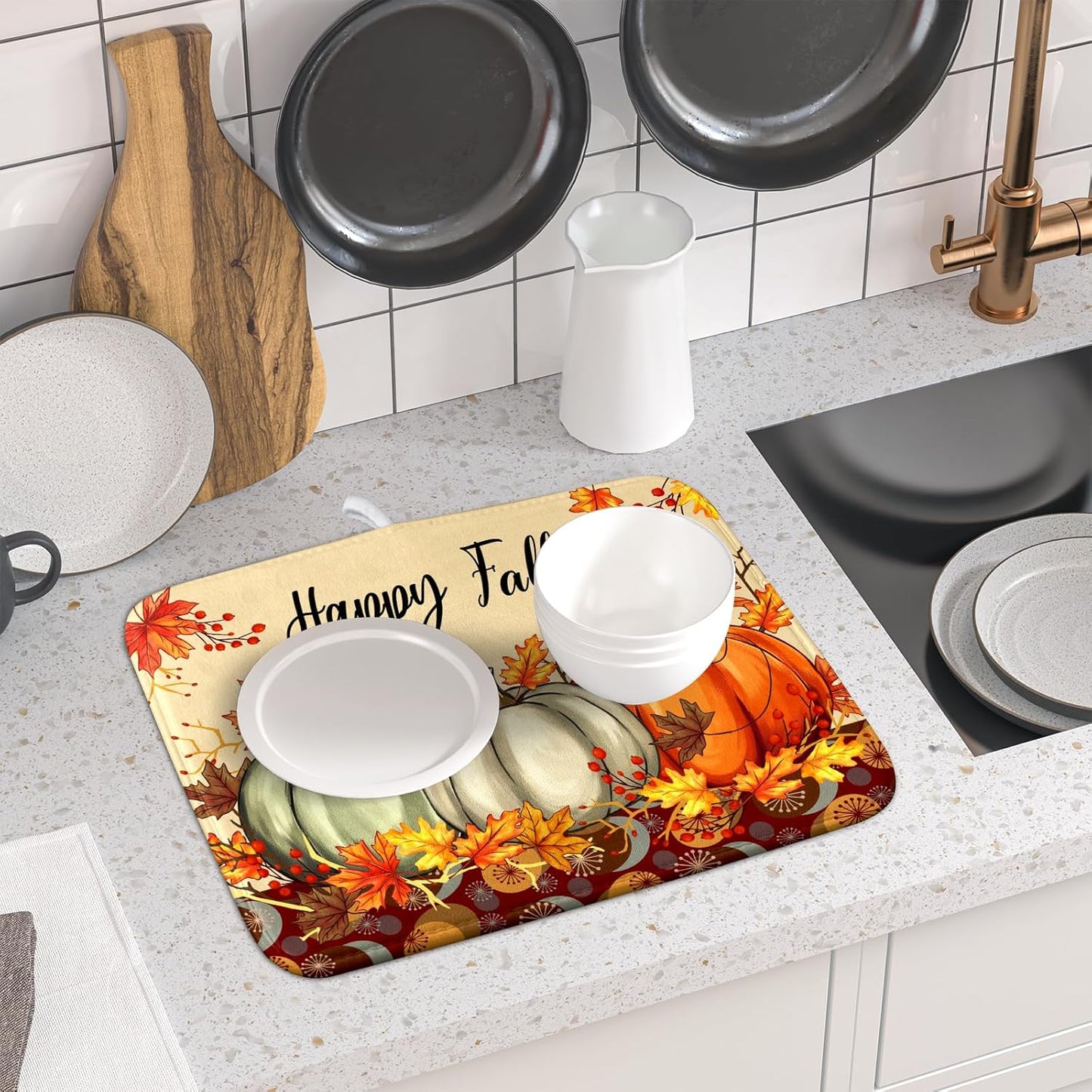 Happy Fall Dish Drying Mats 16x18 Inch, Autumn Orange Pumpkin Maple Leaves Seasonal Style Microfiber Drainer Rack Absorbent Pad for Kitchen Countertop Coffee Bar Holiday Decor