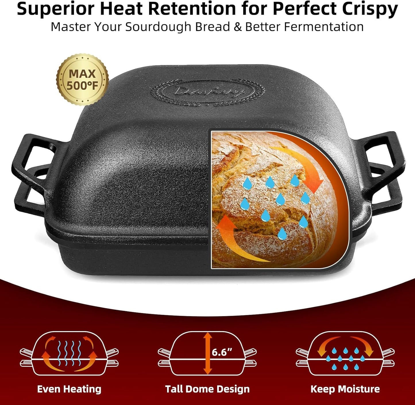 Davivy 9QT Large Dutch Oven for Sourdough Bread with Silicone Baking Mat, Pre-Seasoned Non-stick Cast Iron Sourdough Loaf Pan, Cast Iron Sourdough Baking Pan Large Capacity