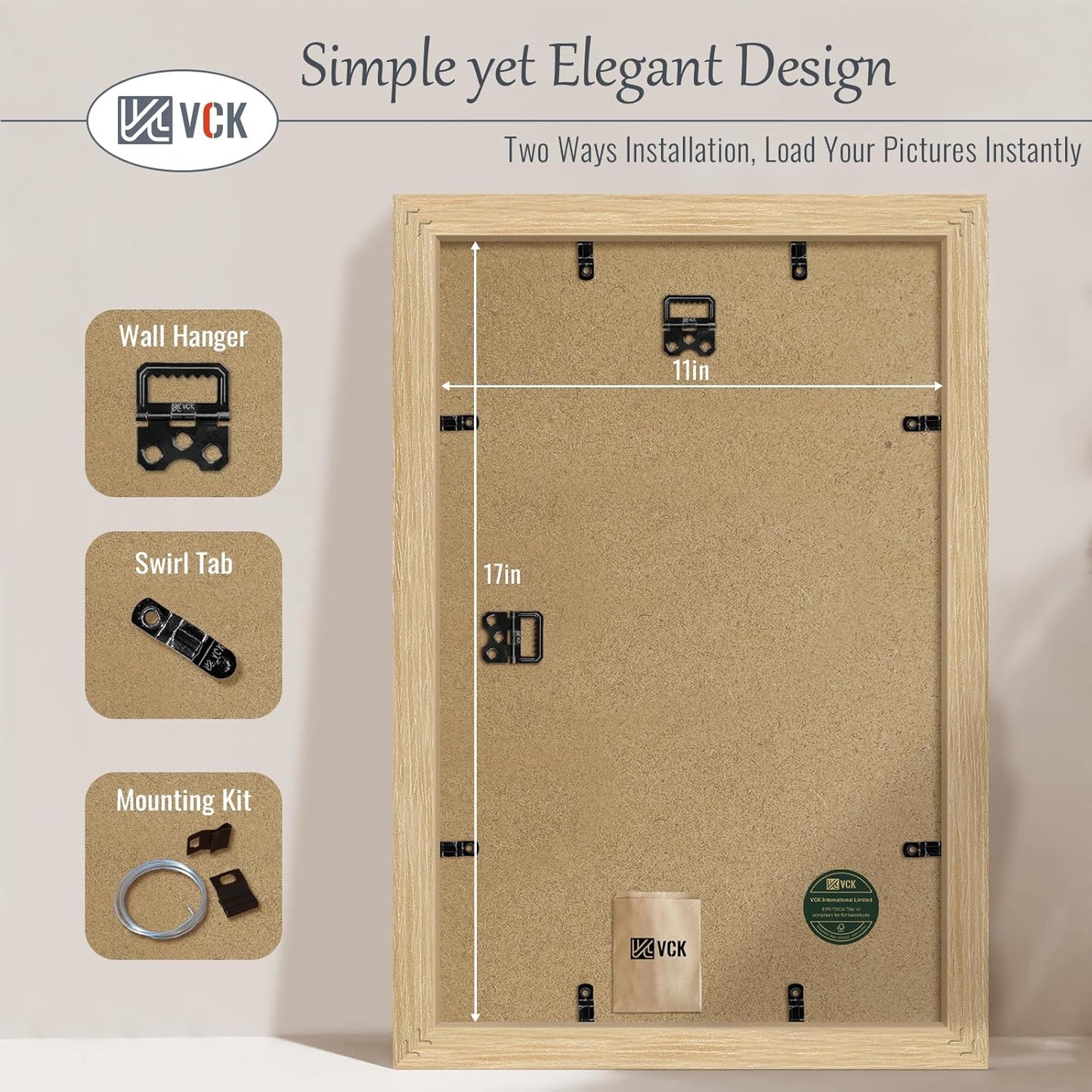 VCK 11x17 Picture Frame 5 Pack - Oak, Natural Solid Wood Poster Frames, Wall Gallery Frame