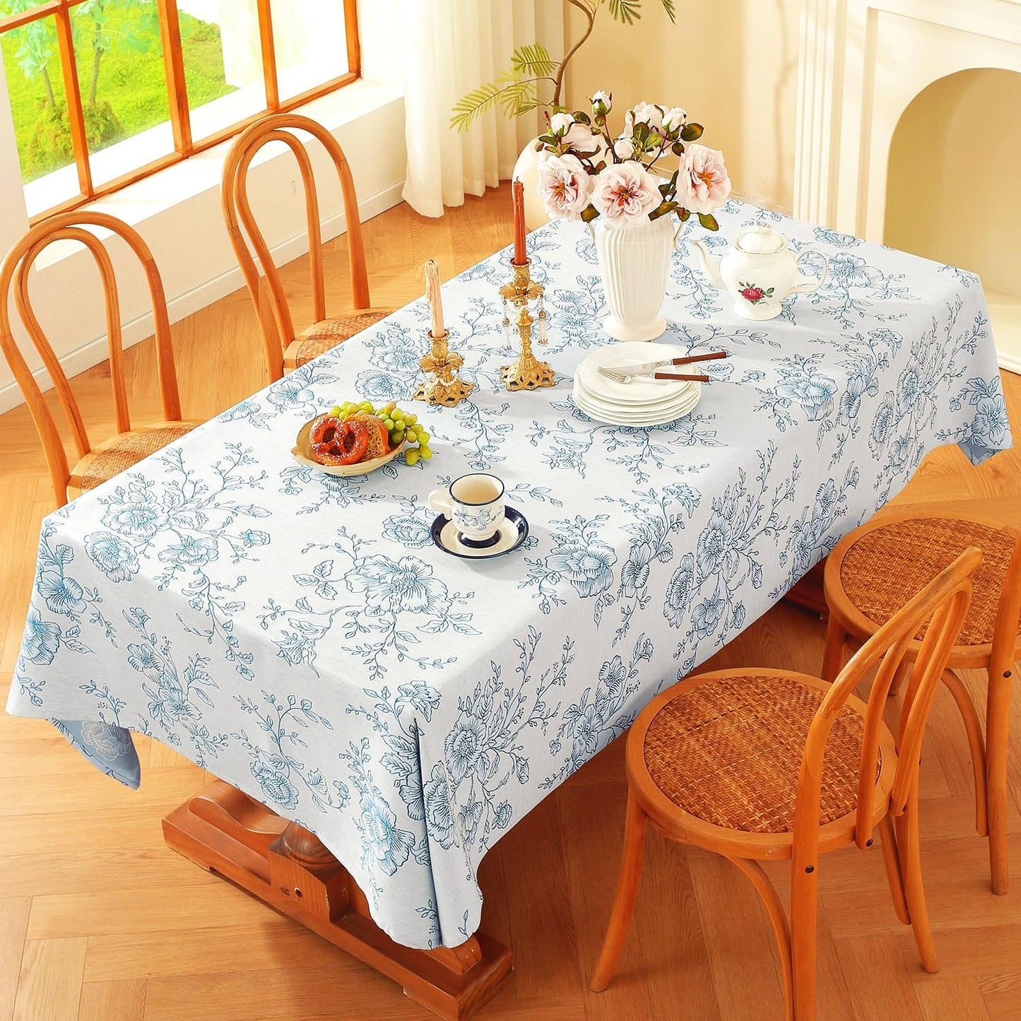 Chassic Premium Vintage Farmhouse Damask Floral 60 x 120 inch Rectangle Table Cloth – Water Resistant Linen Textured Jacquard Tablecloth for Kitchen Dining & Picnic Decor - Blue