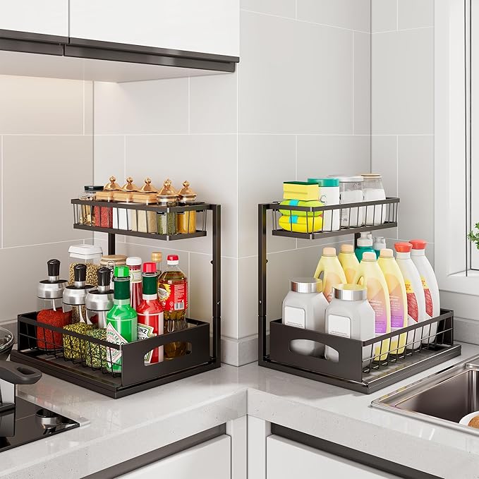 Under Sink Organizer , 2 Pack Height Adjustable Cabinet Organizer with Slide Out Drawer, Pull Out Under Sink Storage, Multi-Purpose 2 Tier Sink Shelves for Kitchen Bathroom Pantry (Black, 2 Pack)