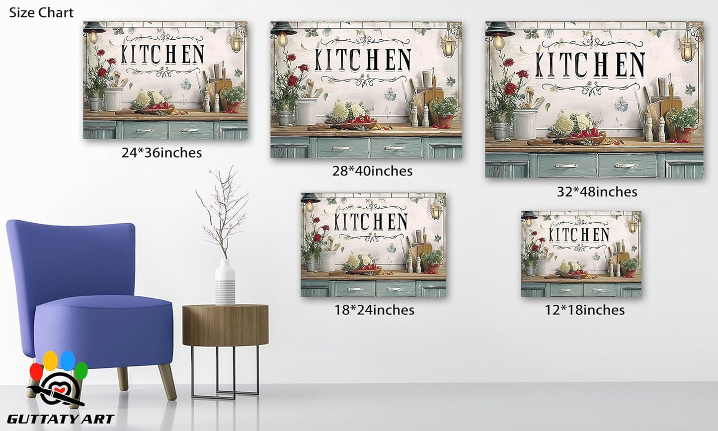 GUTTATY Kitchen Pictures Wall Decor, Farmhouse Wall Art Decor Flowers And Kitchen Utensils Painting for Dinning Room Restaurant Decor, Mother's Day Gift for Grandma Mom Hanging Artwork 24×36 Inch