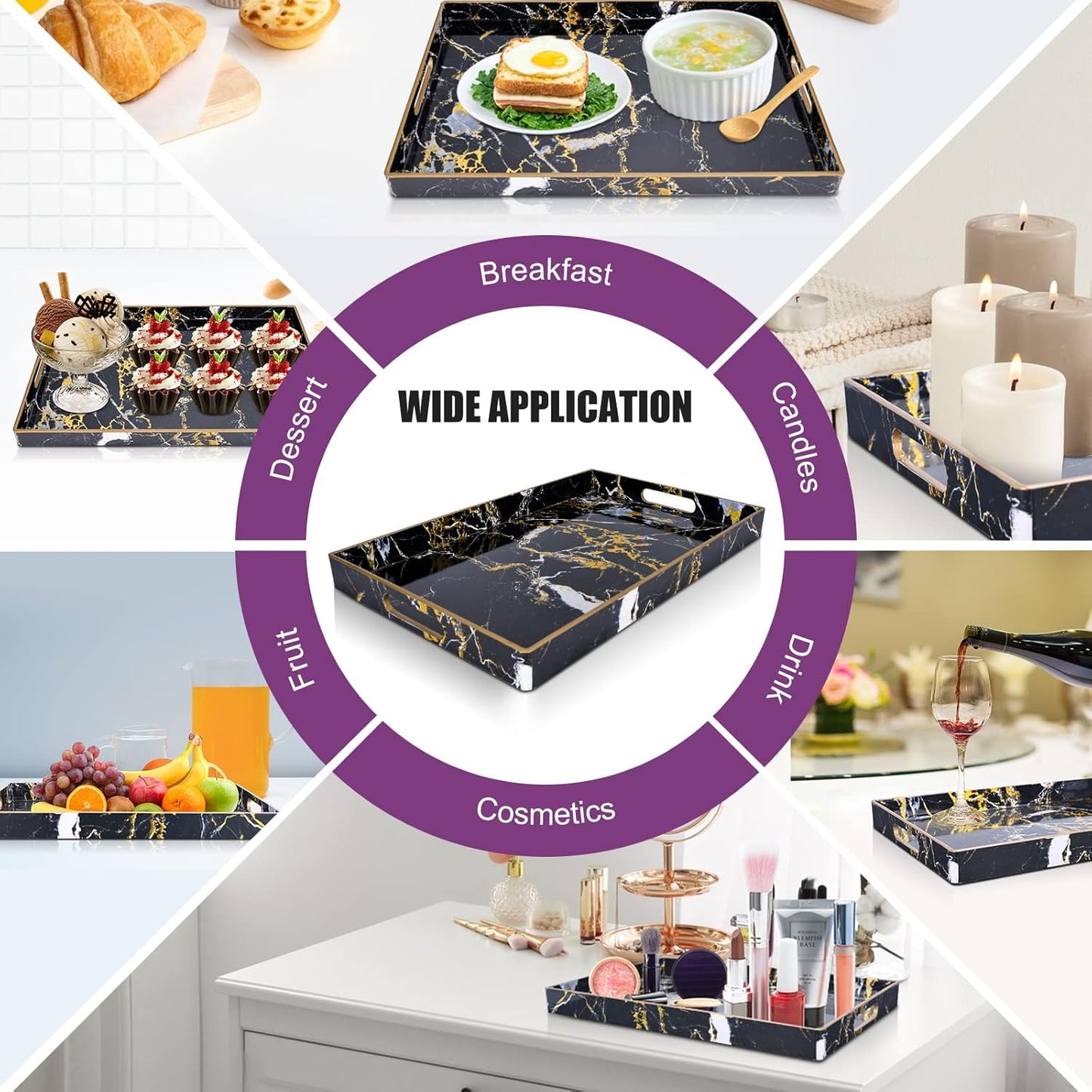 Gifturbo Black Serving Tray,Marble Decorative Serving Trays with Handles, Coffee Table Tray Ottoman Rectangular Plastic Trays with Gold Rim for Living Room, Bathroom，15.7 x 10.2 x1.37 inches