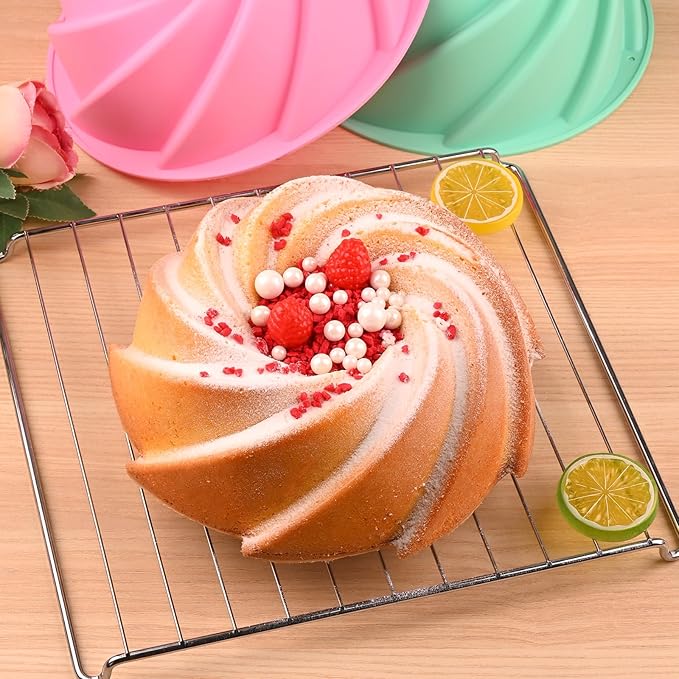 HUAKENER Large Fluted Cake Pan (2 Pack) - Nonstick Fluted Tube Pan, Large Round Silicone Mold for Cake, Brownie, Cornbread, Jello Cake ﻿