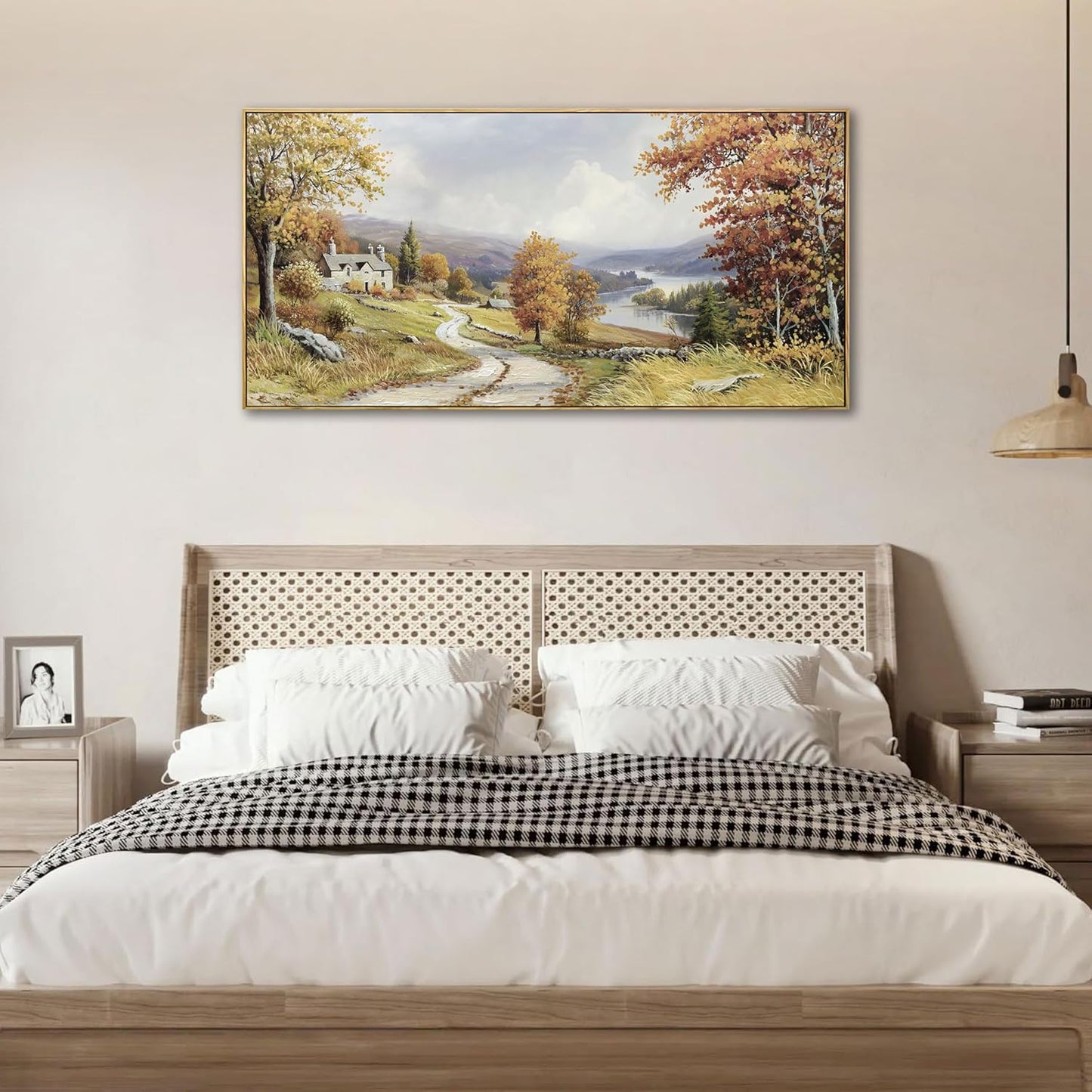 KLAKLA Landscape wall art - Autumn Rustic Field Burnt Orange Tree Landscape PictureC anvas Frame Artwork Farm Log Cabin Farm Wall Decor for Living Room Bedroom Office - 40x20 Inches