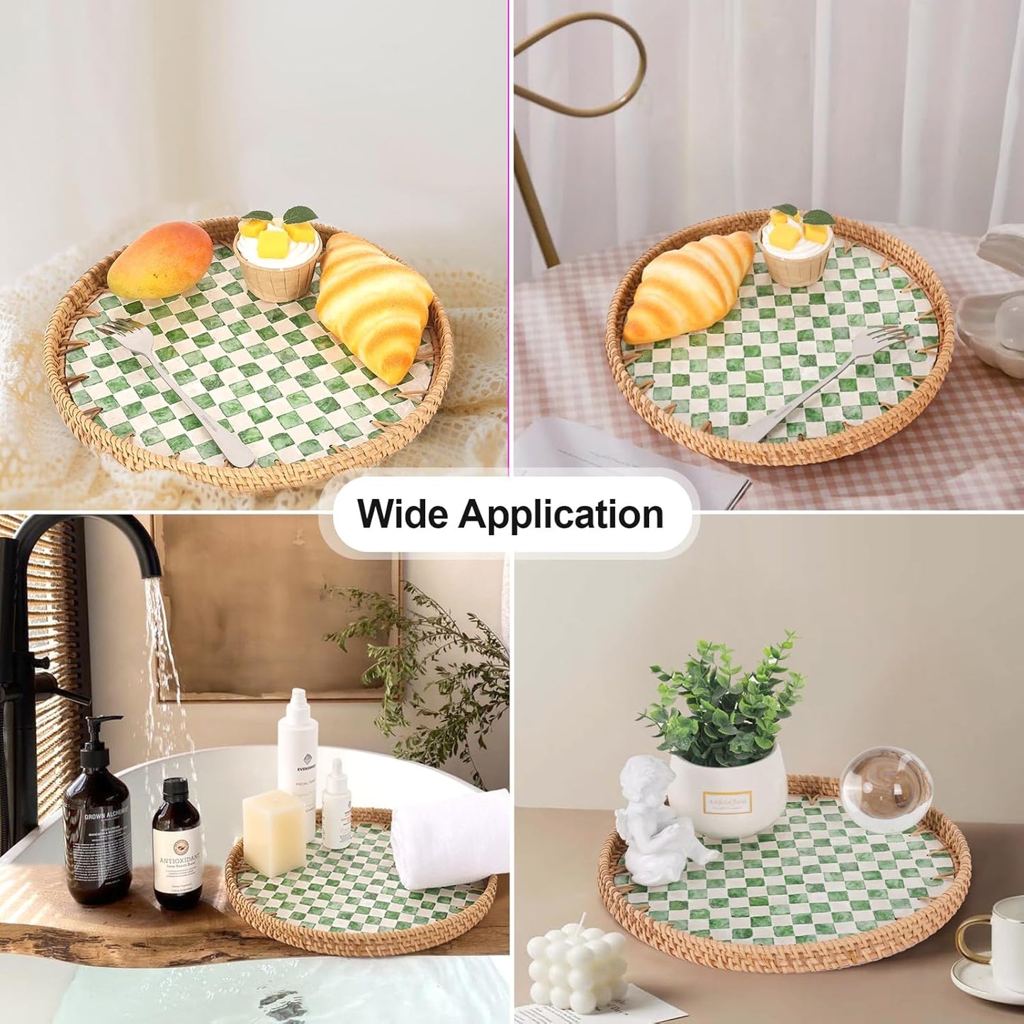 Round Rattan Tray with Mother of Pearl Inlay, Rattan Serving Tray for Coffee, Bread, Fruits, Decorative Wicker Tray for Table Decor, Home Decor, Kitchen Island Decor(Green Checkerboard, 11.8")