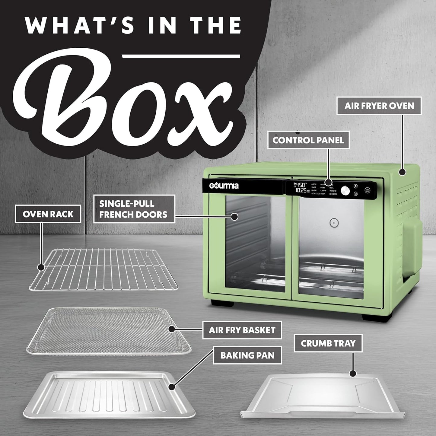 Gourmia French Door Digital Air Fryer Oven - XL 37QT Capacity, 12 Presets, FryForce 360° Tech, Dehydrate, Proof, Slow Cook, Fits 13” Pizza, 1700W, Green