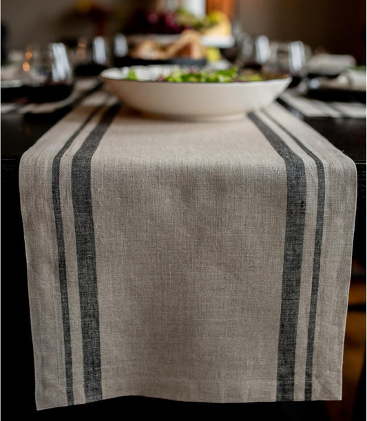Solino Home Linen Table Runner 120 Inches Long - 100% Pure Linen Black and Natural French Stripe Table Runner 14 x 120 Inch for Dining, Fall, Autumn, Halloween, Thanksgiving, Holiday