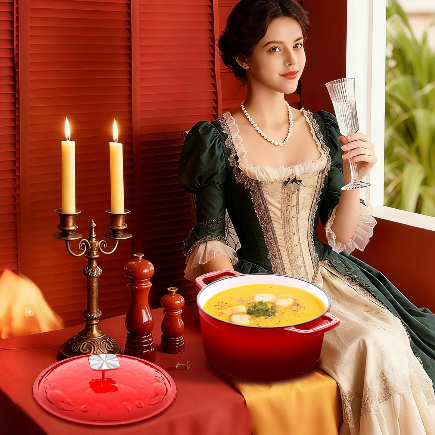 Dutch Oven Pot with Lid - Cast Iron Dutch Oven for Bread Baking Sourdough, Casserole and Braiser with Crab Lid, Square Knob, Nonslid Handles - Red