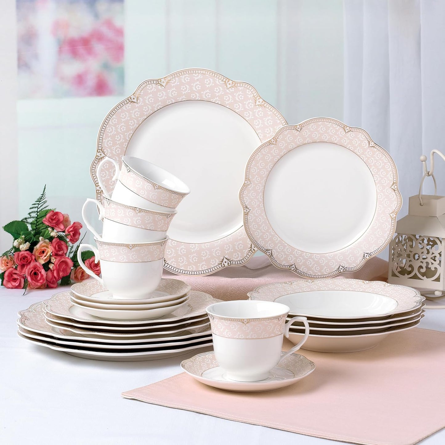 Joseph Sedgh Collection "Sandra" 20-Piece Bone China Dinnerware Set, Service for 4, Blush Pink and Gold