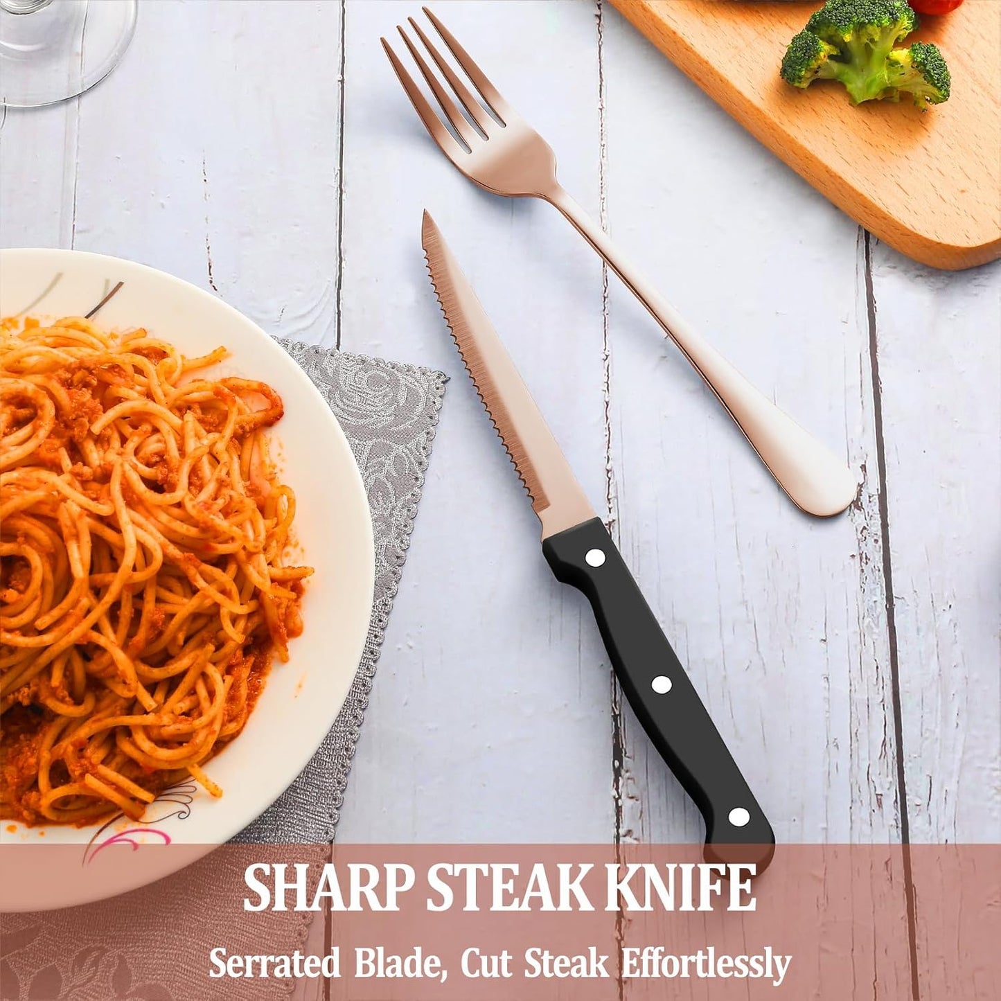 72 Pcs Rose Gold Silverware Set with Steak Knives Service for 12,Stainless Steel Flatware Set,Mirror Polished Cutlery Utensil Set, Kitchen Eating Tableware,Include Fork Knife Spoon Set,Dishwasher Safe