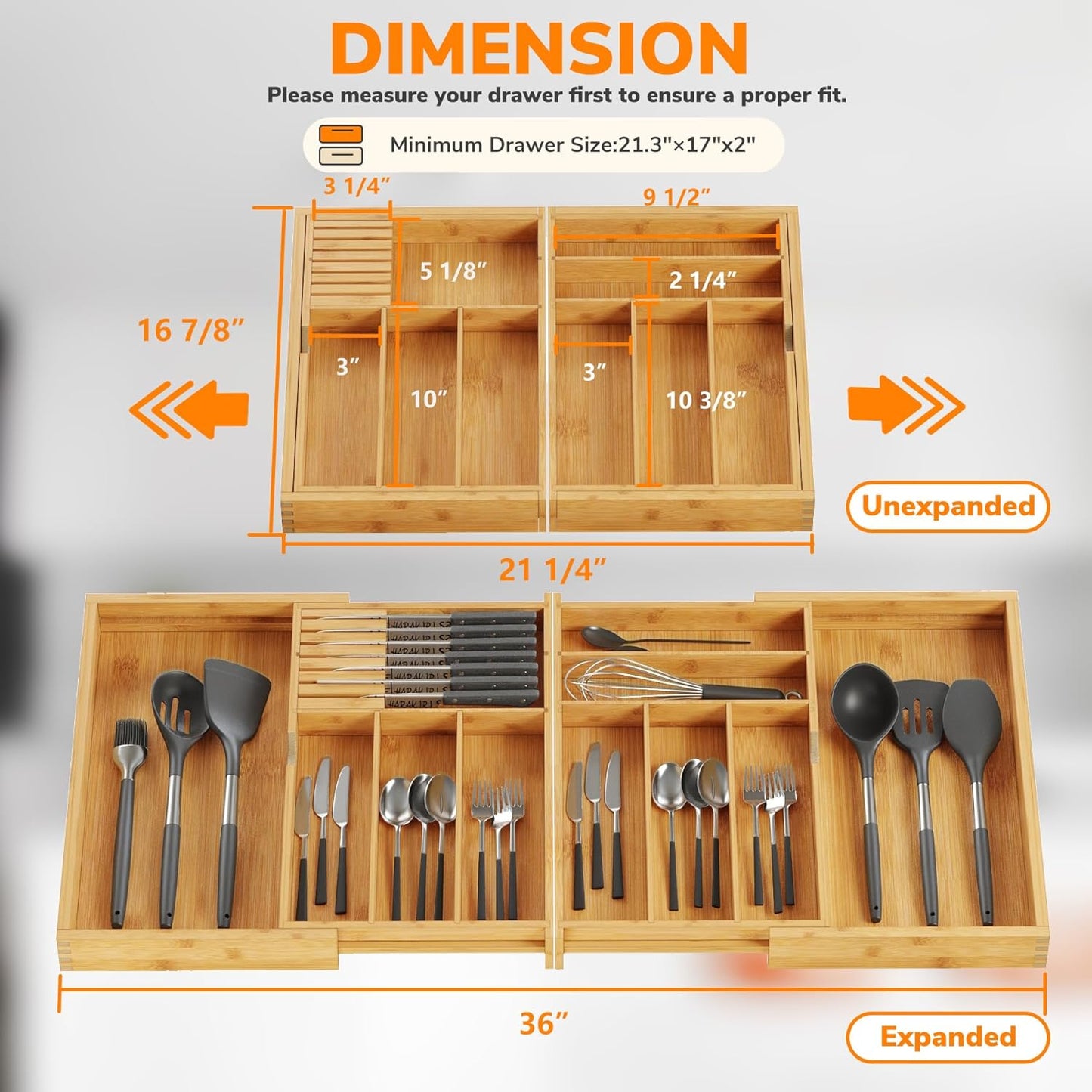 BAMEOS Expandable Silverware Drawer Organizer with Removable Knife Blocks, Bamboo Kitchen Utensil Holder from 21" to 36", Large Cutlery Tray with Divider for Forks, Spoons, Knives