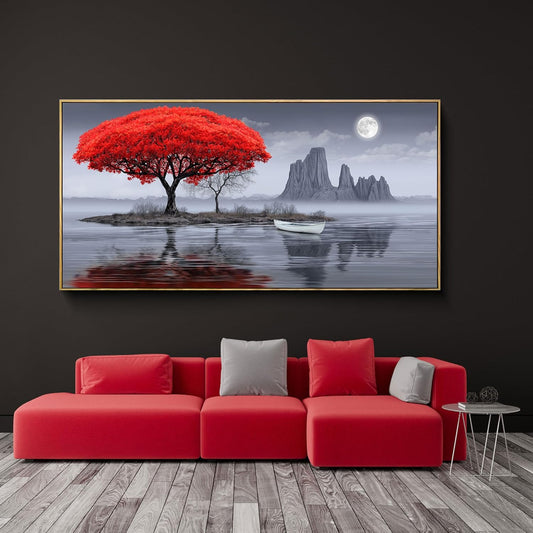 XLSJERST Large Wall Art - Red Tree Living Room Wall Decor Frame Modern Canvas Artwork Moon Landscape Lake Picture for Bedroom Office Black and White Wall Art 58x29 Inches