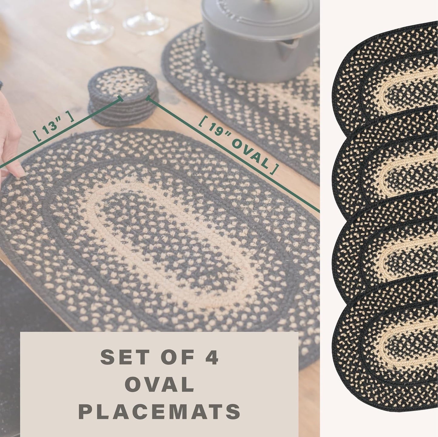 Homespice Manchester Jute Braided Placemats, Country Primitive Decor, Set of 4, Black and Tan 13x19 Oval Table Mats - Vibrant Colors, Durable, Easy to Clean and Protects Furniture