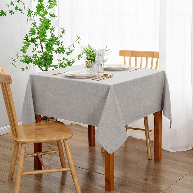 DWCN Square Faux Linen Tablecloth - Textured Waterproof Spill-Proof Wrinkle and Stain Resistant Table Cloth Decorative Fabric Farmhouse Table Cover for Kitchen Dining Party, 54 x 54 Inch, Light Grey