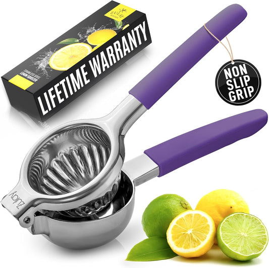 Zulay Kitchen Lemon Squeezer Stainless Steel with Premium Heavy Duty Solid Metal Squeezer Bowl and Food Grade Silicone Handles - Large Manual Citrus Press Juicer and SS Lime Squeezer (Purple)