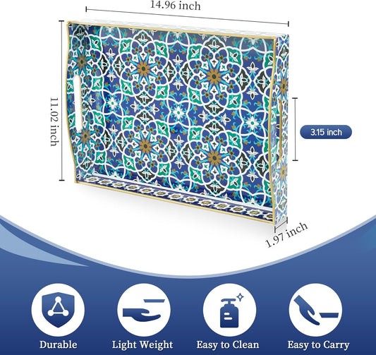 Gifturbo Serving Tray with Two Handles,Decorative Tray for Coffee Table, Plastic Rectangular Durable Serving Trays for Living Room, Bathroom, Outdoors, Blue