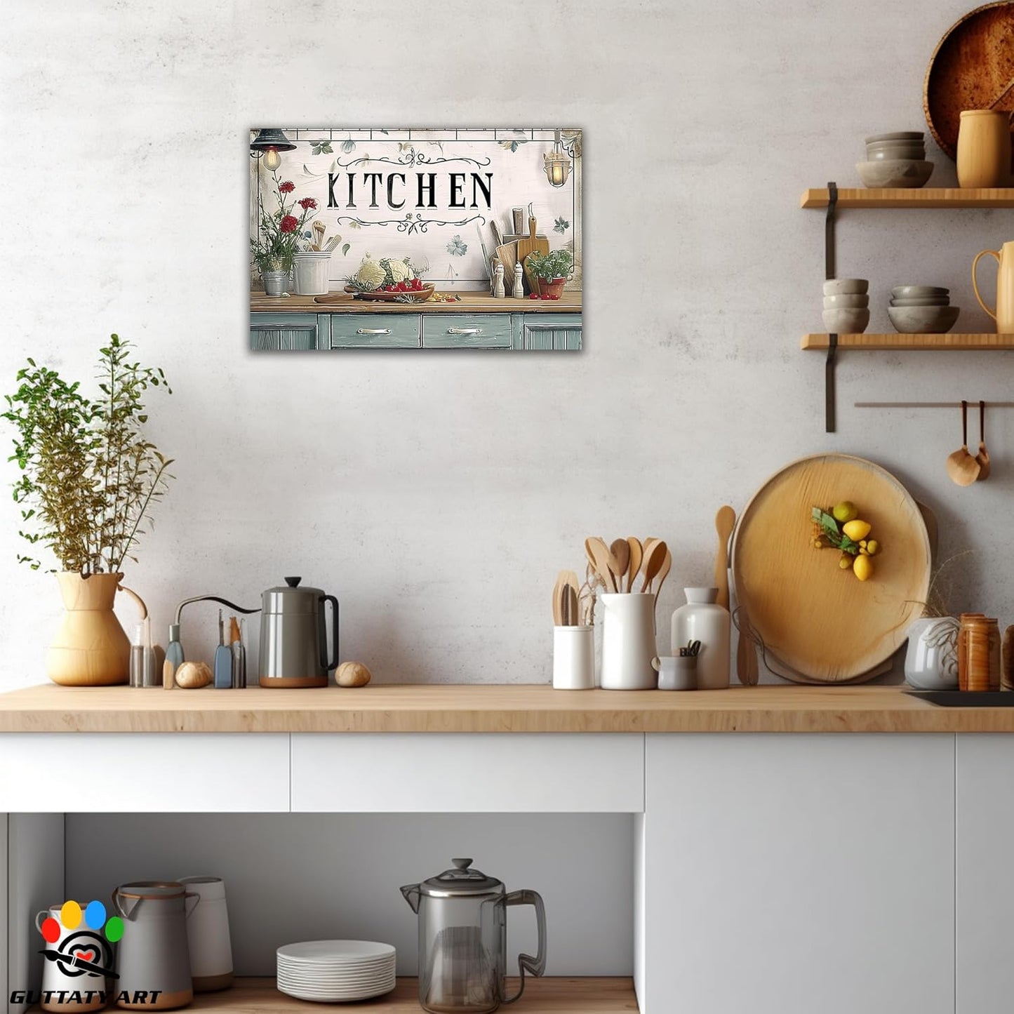 GUTTATY Kitchen Pictures Wall Decor, Farmhouse Wall Art Decor Flowers And Kitchen Utensils Painting for Dinning Room Restaurant Decor, Mother's Day Gift for Grandma Mom Hanging Artwork 12×18 Inch