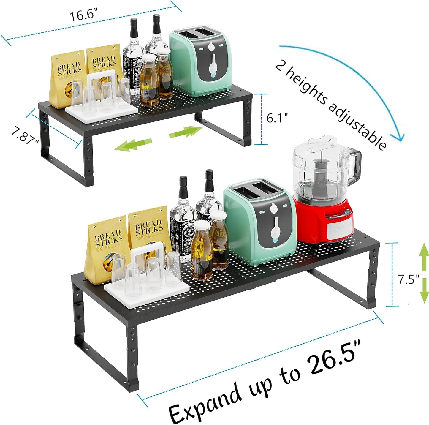 Expandable Adjustable Stackable Kitchen Organizer, Spice Rack,Metal Pantry Storage Shelves Racks,Counter Shelf for Cabinets, Countertop, Cupboard(1 Pack/Medium/Black)