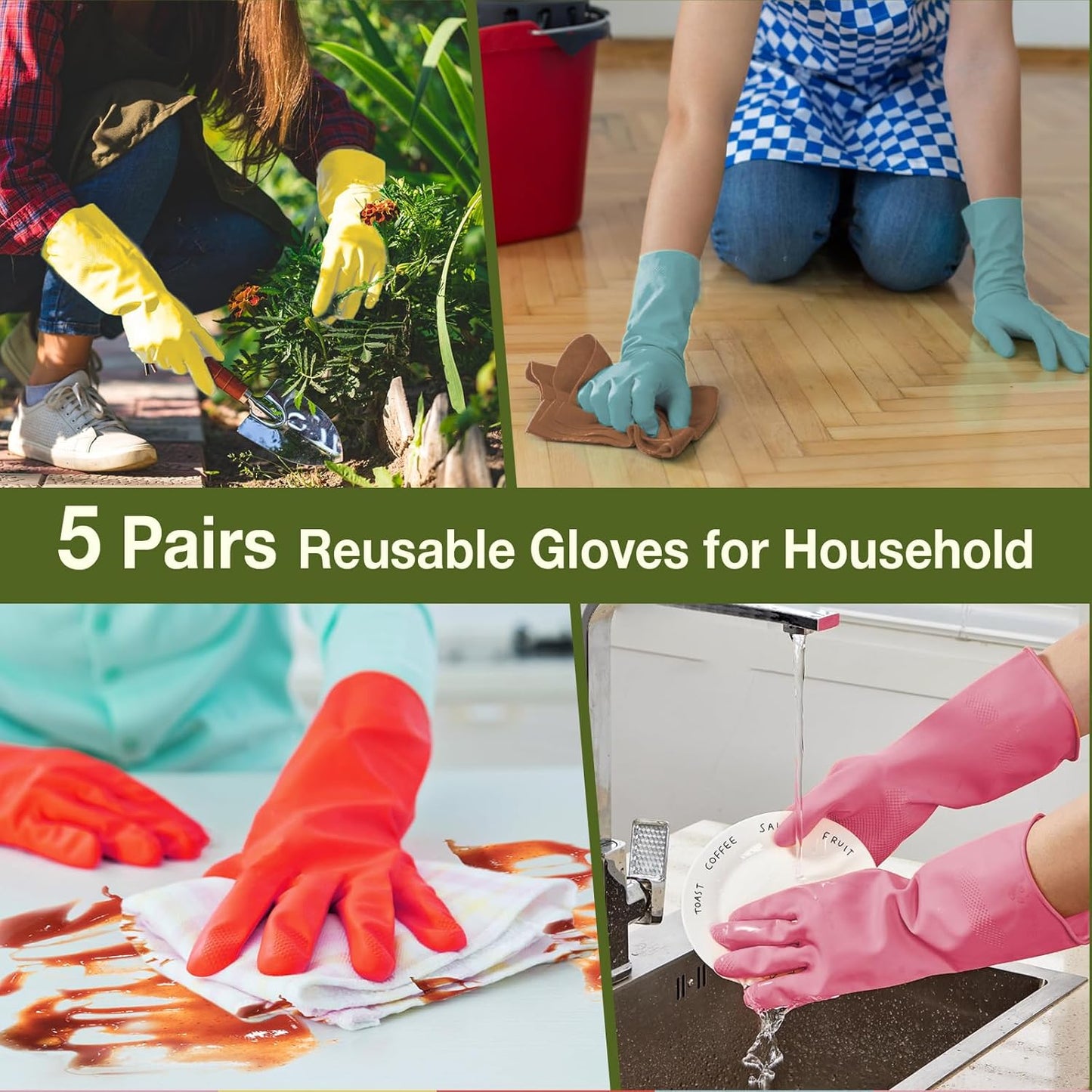 Cleaning Gloves Dishwashing Gloves - 5 Pairs Kitchen Dish Gloves Colorful Rubber Reusable for Household Washing Dishes Cleaning Gardening, Non-Slip for Women Men Small