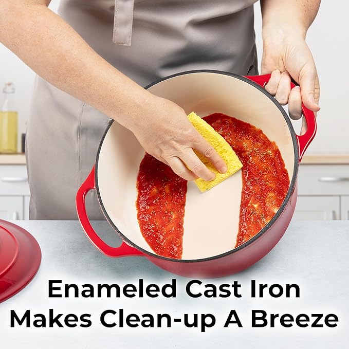 Zulay Kitchen 6 Quart Enameled Cast Iron Dutch Oven Pot with Lid – Premium Durability & Oven Safe up to 500°F – Heavy Duty Cookware Perfect for Bread Baking, Stews, Braising & Roasting – Red