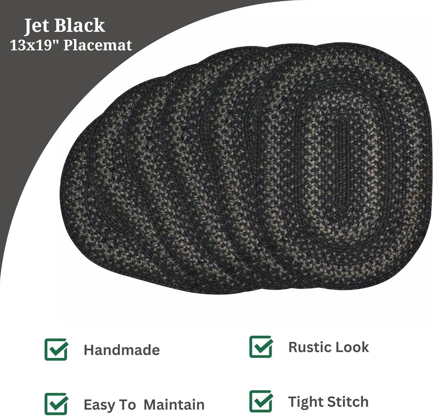 Homespice Jet Black Braided Oval Placemats, Warm Primitive Decor, Set of 6, 13x19 Jute Table Mats - Vibrant Colors, Durable, Easy to Clean and Protects Furniture