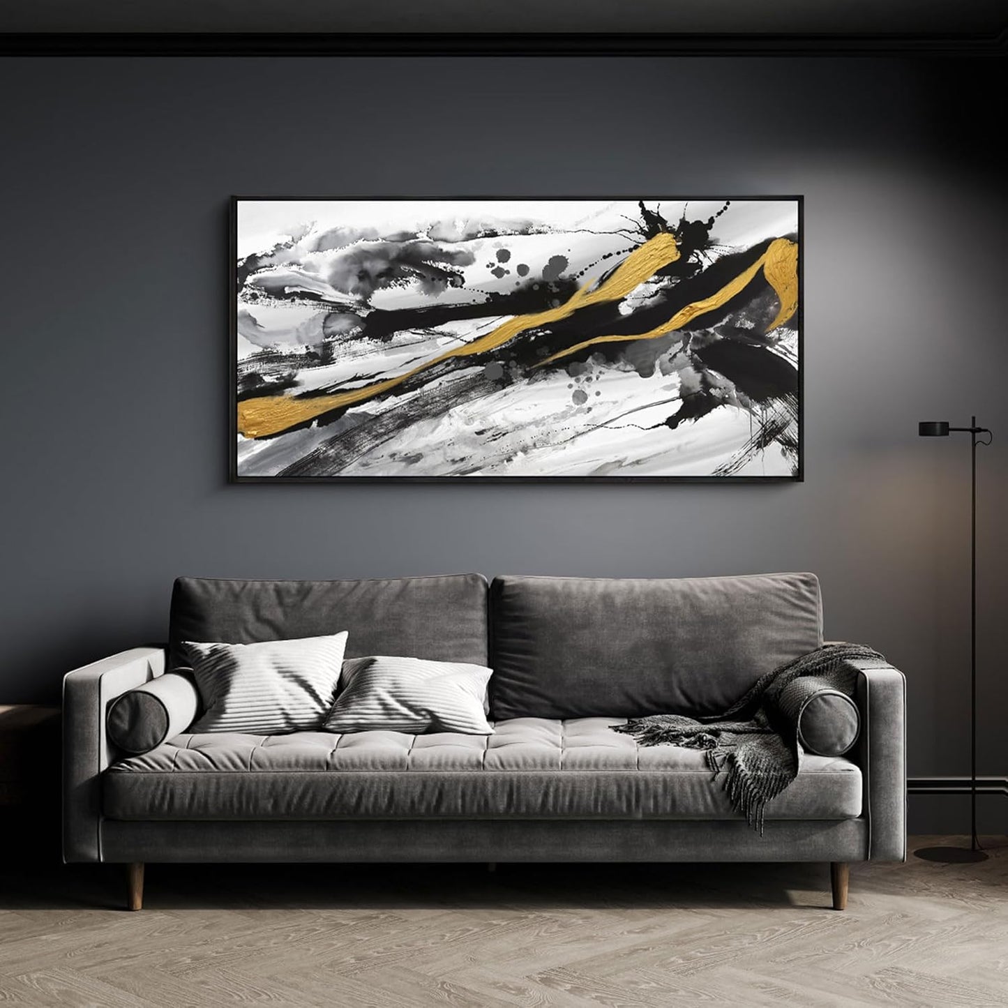 XLSJERST Black and White Abstract Wall Art - Large Frame Canvas Wall Art for Living Room Bedroom Modern Gold Ink Painting Style Picture Artwork for Wall Decor Size 24x48 Inches