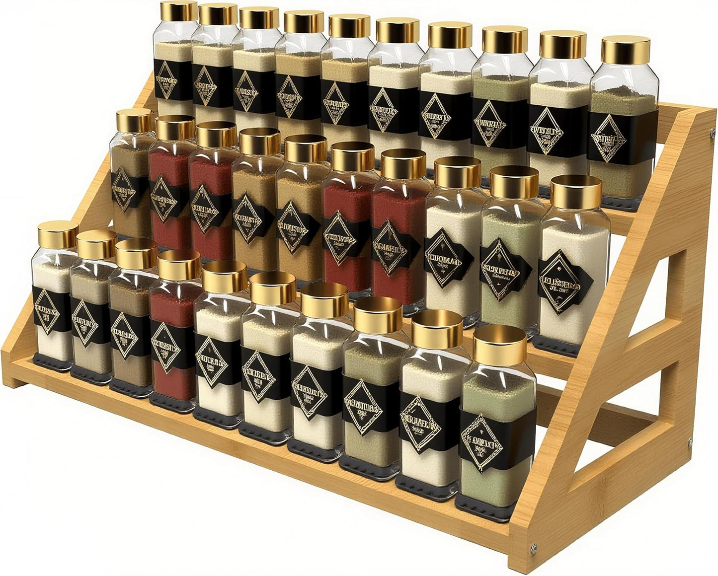 Bamboo Spice Rack: Large Spice Shelf for Kitchen Countertop Pantry Cabinet Organizer, Holds 24 Spice Jars (2.1")