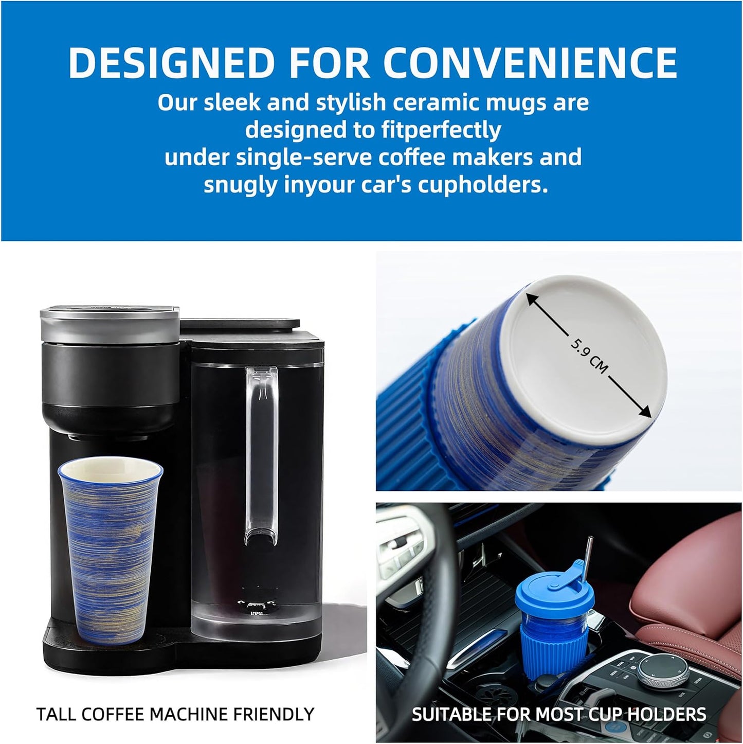 Travel Coffee Mug Blue, Ceramic Coffee Mug With Lid And Drinking Straw(15oz/450ml), Handcrafted Novelty Travel Mugs, Microwave & Dishwasher Safe Tumbler With Lid, Unique Gifts