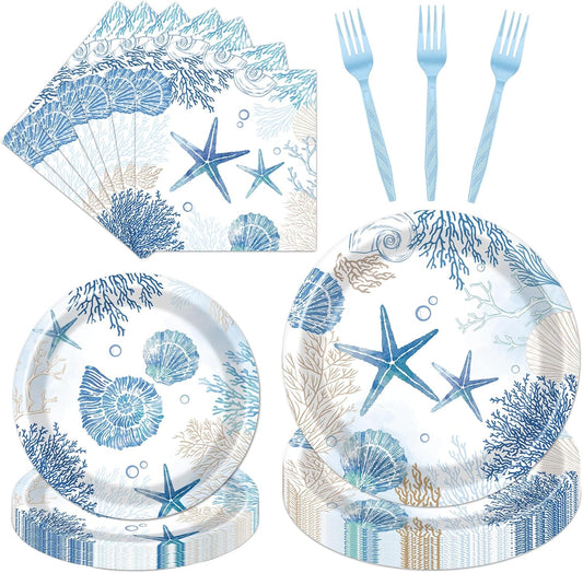 Rakuto Ocean Themed Party Decorations, 96PCS Beach Seashell Plates Napkins and Forks Set, Starfish Coral Disposable Tableware for Birthday Baby Shower Serves 24