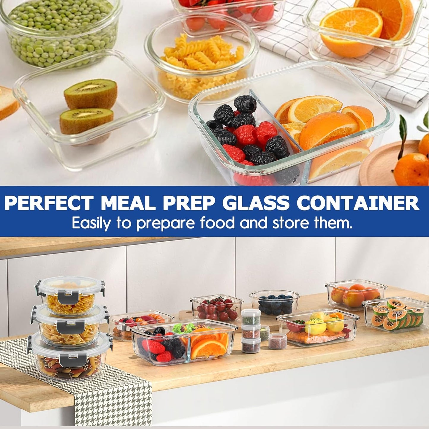 42pcs Glass Food Storage Containers with Lids Set, 21 Containers & 21 Lids Include One 2 Compartments Glass Meal Prep Containers with Snap Locking Lid Set, Leak Proof Lunch Container BPA-Free,Grey