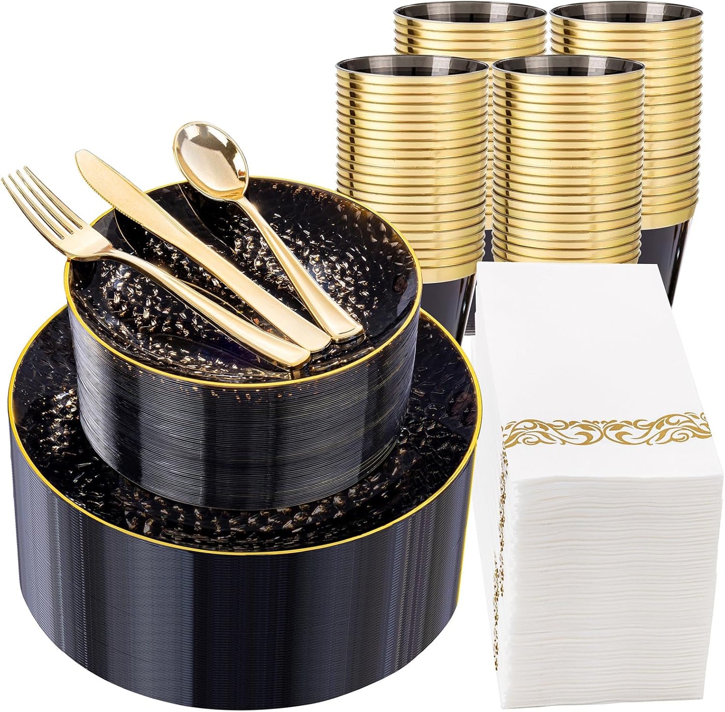 DaYammi 350PCS Clear Black and Gold Plastic Dinnerware Set for Halloween, Hammered Disposable Plates for Party, Include: 50 Dinner Plates, 50 Dessert Plates, 150 Gold Silverware, 50 Napkins, 50 Cups