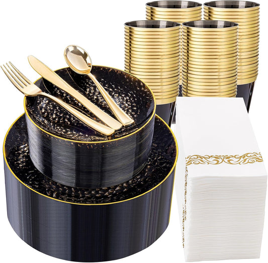 DaYammi 350PCS Clear Black and Gold Plastic Dinnerware Set for Halloween, Hammered Disposable Plates for Party, Include: 50 Dinner Plates, 50 Dessert Plates, 150 Gold Silverware, 50 Napkins, 50 Cups