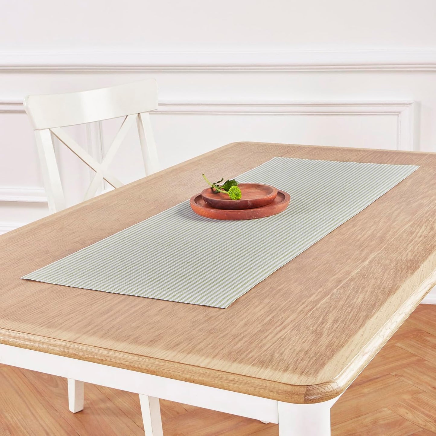 Solino Home Linen Table Runner 36 Inches - Narrow Stripe 100% Pure Linen Avocado and White Table Runner 14 x 36 Inch Ideal for Dresser and Coffee Tables - Fall, Halloween, Thanksgiving, Christmas