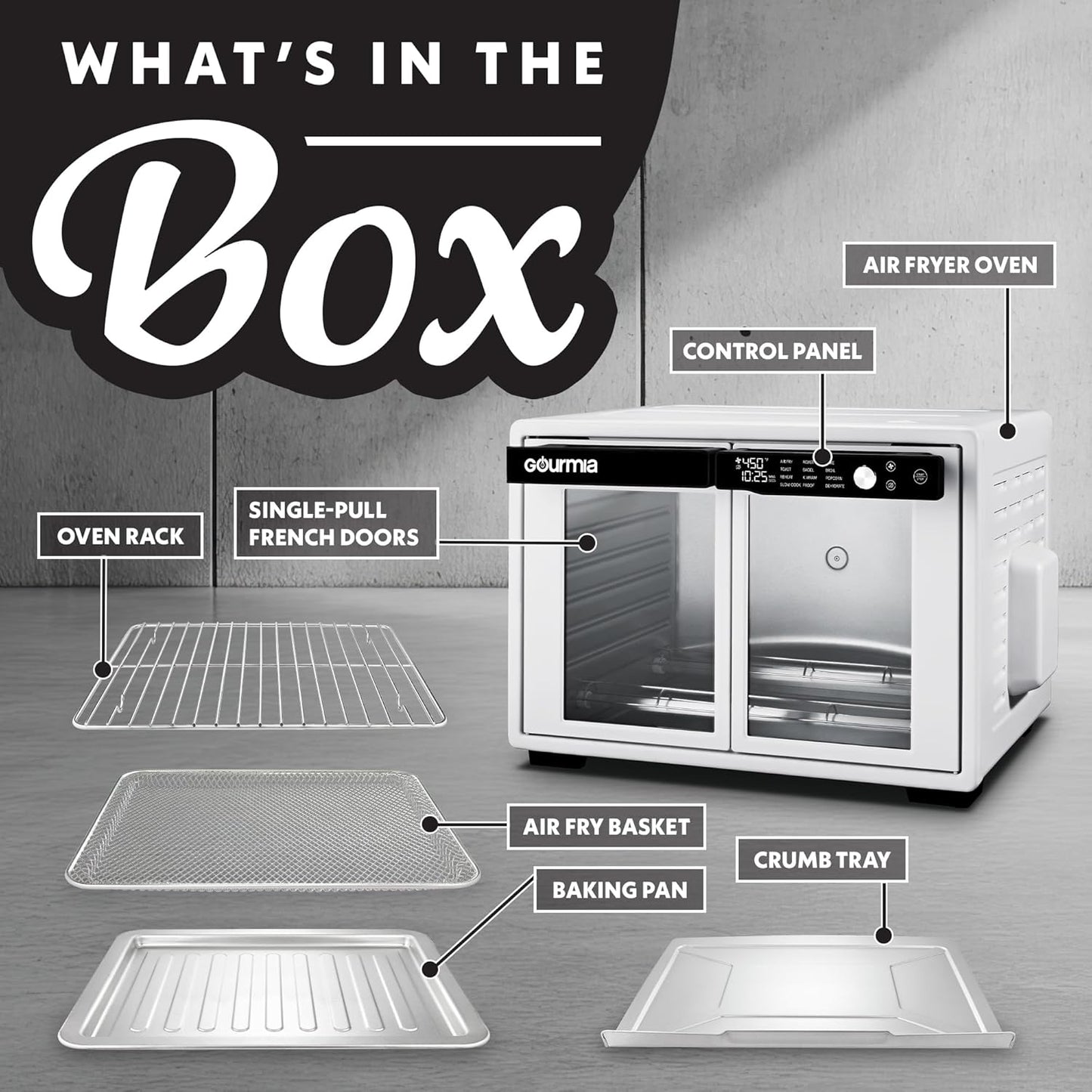 Gourmia French Door Digital Air Fryer Oven - XL 37QT Capacity, 12 Presets, FryForce 360° Tech, Dehydrate, Proof, Slow Cook, Fits 13” Pizza, 1700W, White