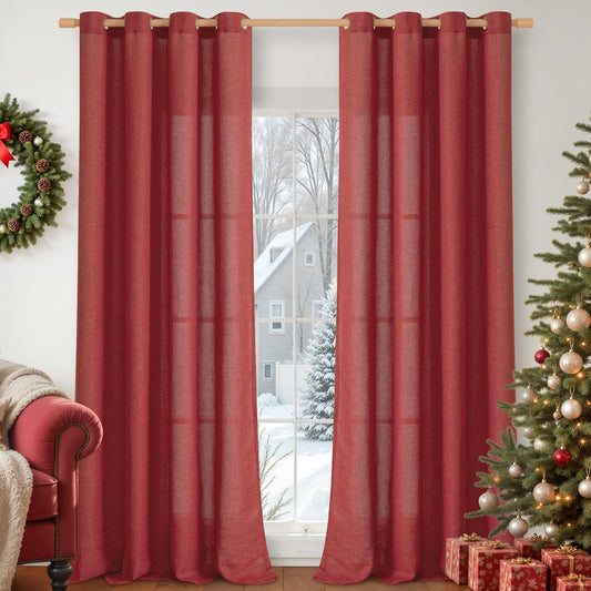 YoungsTex Red Linen Curtains 95 Inch Length for Living Room, Extra Long Light Filtering Drapes with Bronze Grommet Privacy Christmas Decor for Dining Bedroom, 52 x 95 Inch, 2 Panels
