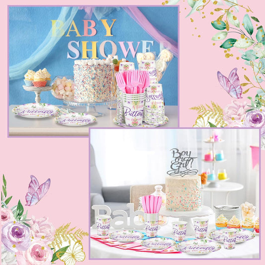 Dandat 350 Pcs Baby Shower Plates Set Baby Shower Party Supplies Serves 50 Tableware Sets Include Plates Napkin Cup Forks Knives Spoons Disposable Dinnerware(Butterfly,Purple)
