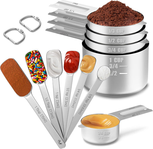 Stainless Steel Measuring Cups & Spoons Set for Cooking and Baking, Nesting Measuring Cups Measuring Spoons for Measuring Dry or Liquid Ingredients, Kitchen Gadgets, 11Pack