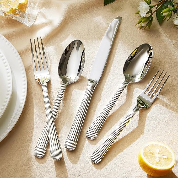 KINGSTONE 5-Piece Silverware Set, 18/10 Stainless Steel Flatware Set - Luxury Elegant Striped Cutlery with Dishwasher Safe, Durable for Family Dining, Catering, Weddings, Anniversaries Gift