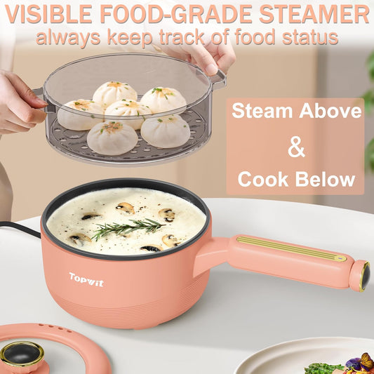 TOPWIT Hot Pot Electric with Steamer, 𝟐𝐋 Electric Pot, Non-Stick Portable Cooker, Portable Pot, Sauté Pan for Steak, Egg, Ramen, Soup with Dual Power Control (Silicone Spatula Included), Peach