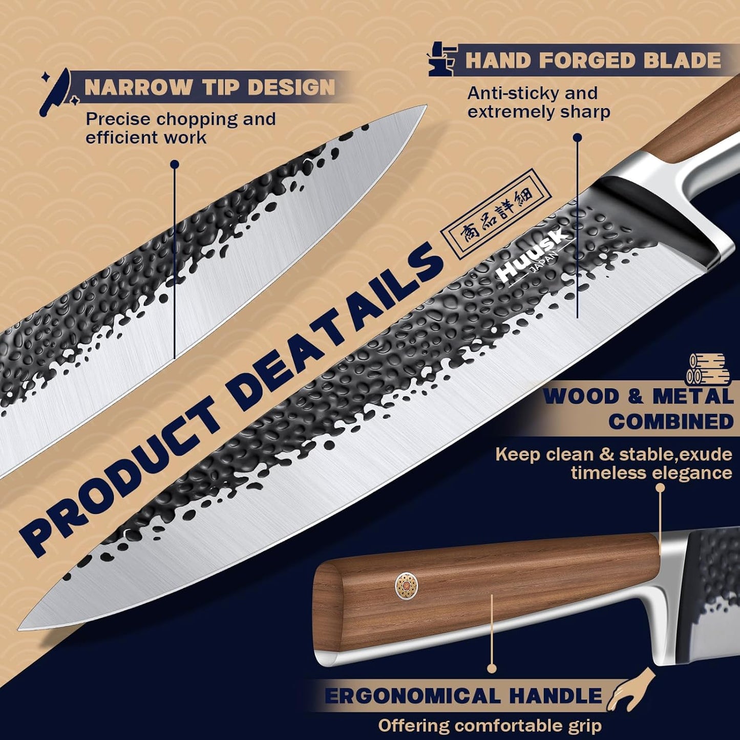 Huusk Japanese Chef Knife 8 Inch Gyuto Kitchen Knife Hand Forged Sushi Knives with Ergonomic Handle Professional Cooking Knife for Cuttting Meat Vegetables Premium Giftbox