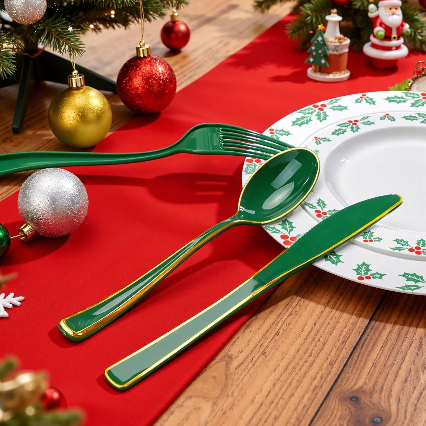 WDF 180PCS Green Plastic Silverware - Green Utensils 60 Forks, 60 Knives and 60 Spoons - Heavy Duty Christmas Plastic Cutlery for Party Supplies/Christmas