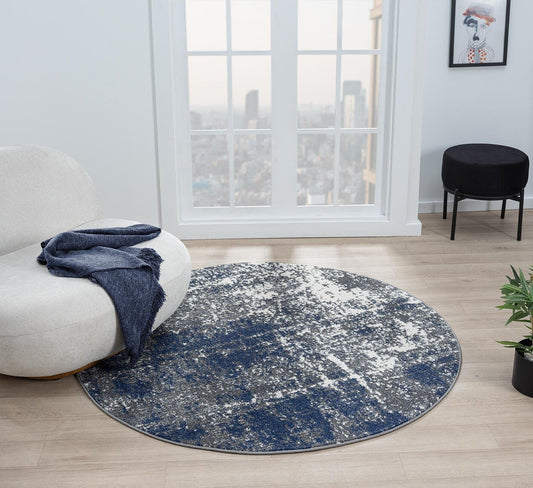 Keen Home Design Area Rugs - 5ft Round Non-Shedding, Abstract Rugs for Kitchen, Living Room, Bedroom, Dining Room, Entryway - Size: 5'3" Round, Navy/Grey/White