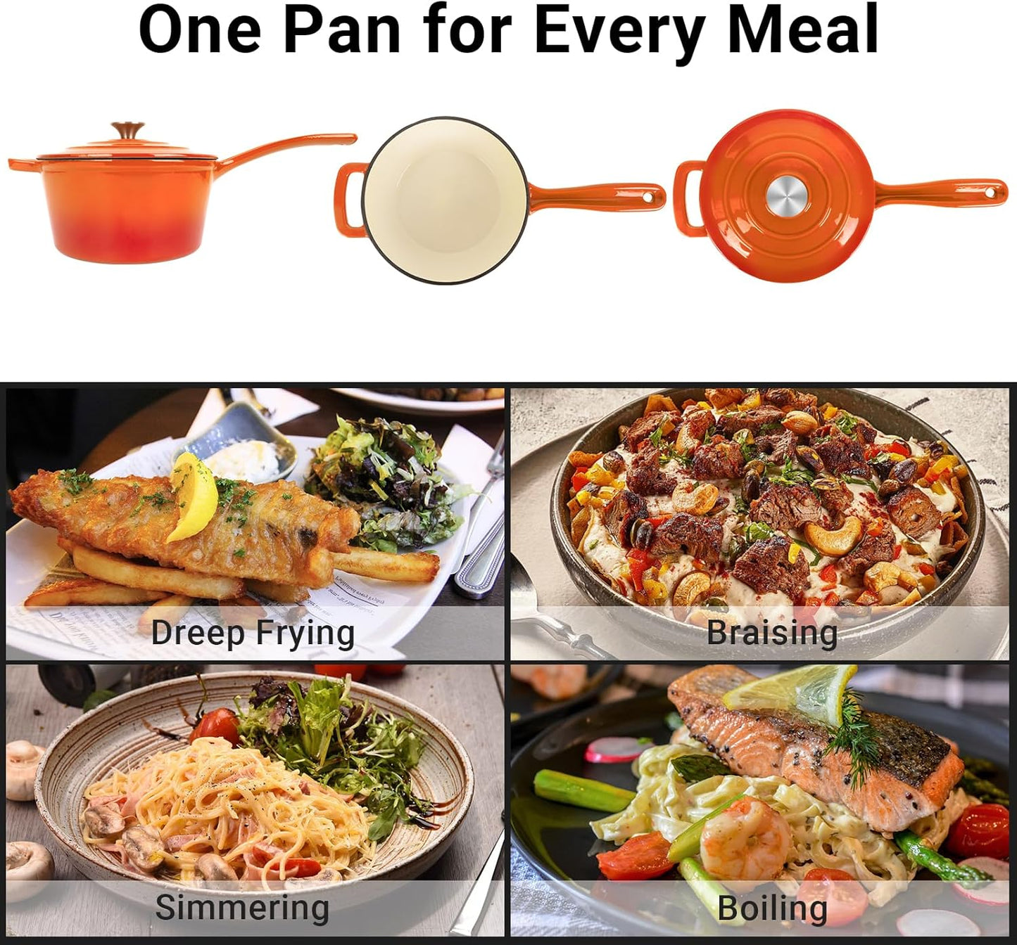 Enameled Cast Iron Sauce Pan, 2 Quarts Round Sauce Pot with Lid, Mini Dutch Oven Enamel Saucepan for Cooking Pasta Sauce, Marinate, Cook, Refrigerate and Serve, Flame Orange